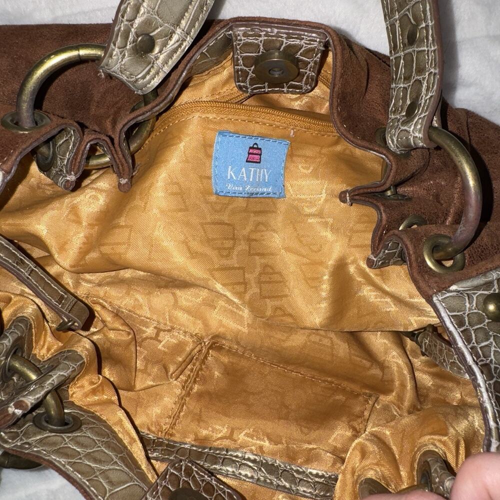 Vintage Kathy Van Zeeland Brown Suede Hobo Shoulder Bag Croc Embossed Y2K Purse - Picture 5 of 11